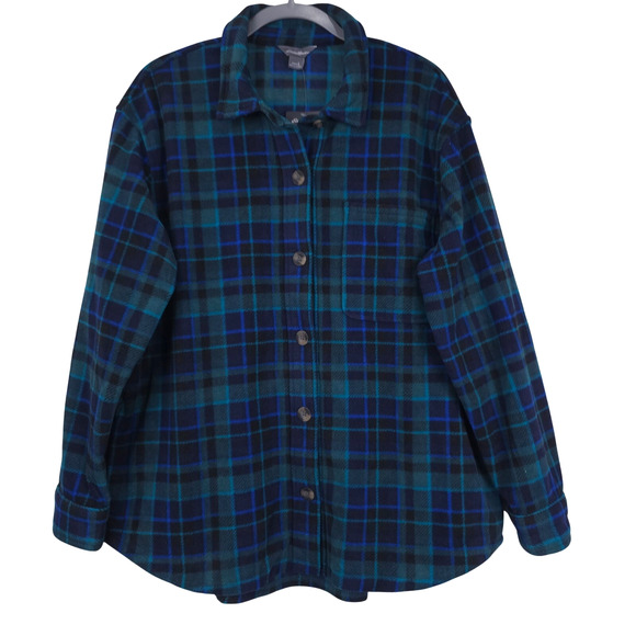 Eddie Baur Microfleece Button Up Flannel Shirt Green Blue Plaid Size Medium, NWT - Picture 2 of 9